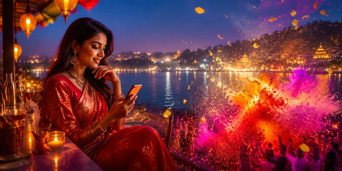 Young woman in saree playing online casino card games on mobile phone in Pune city